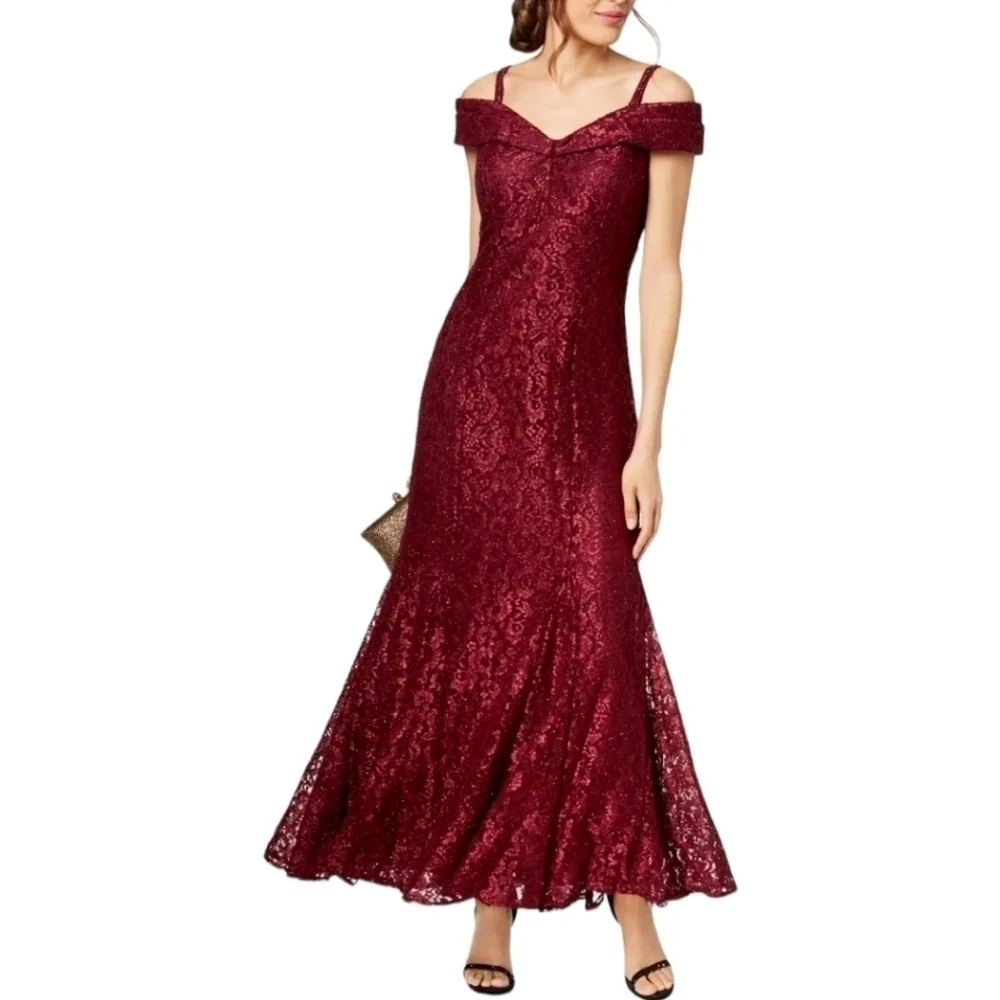 R & M Richards Burgundy Off-The-Shoulder Petite Lace Gown Plus Size 18W - Picture 11 of 11